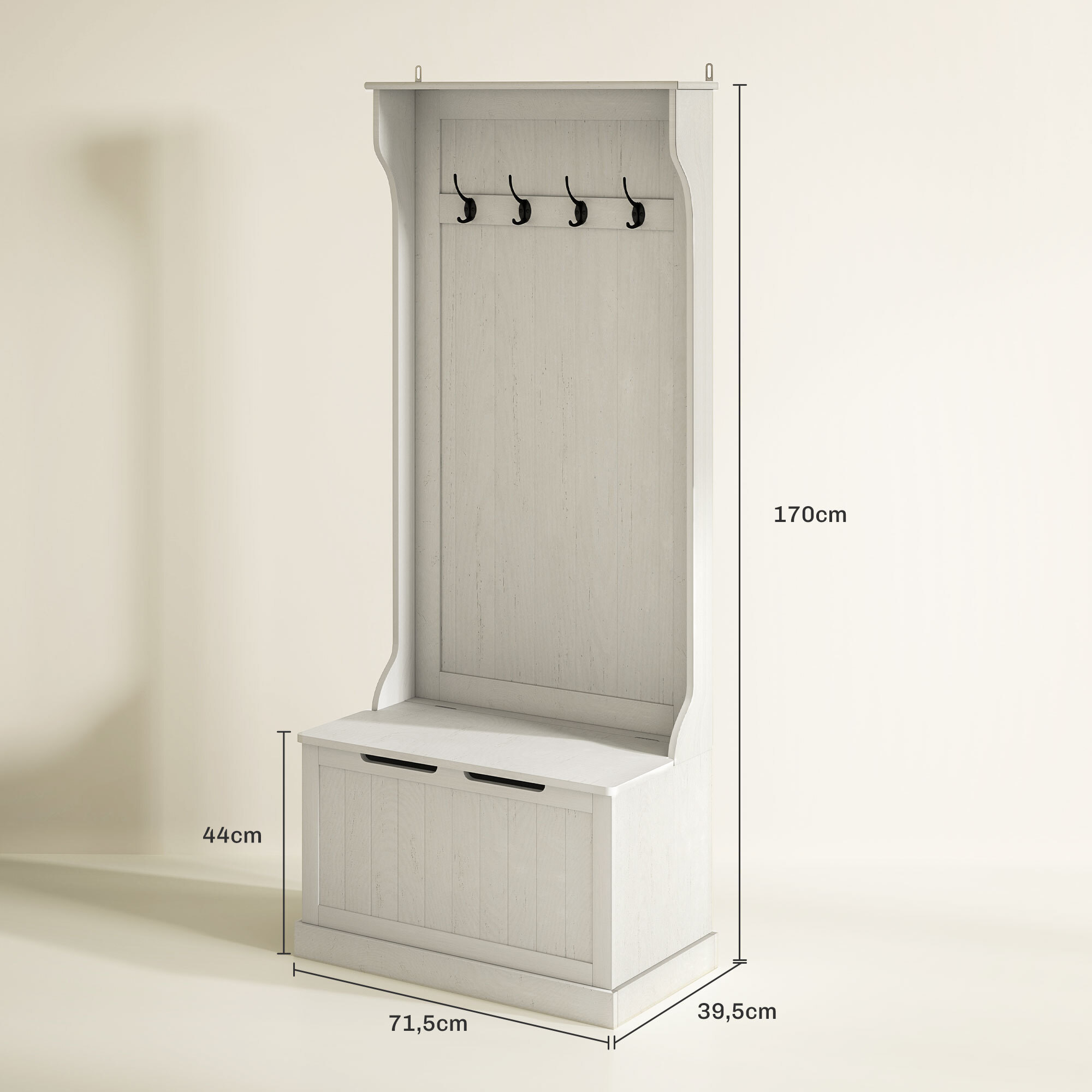 Perchero Zapatero, Perchero Recibidor con Banco de Almacenamiento, 4 Ganchos, para Pasillo, Dormitorio, Salón, Estilo Moderno, 71,5x39,5x170 cm, Blanco