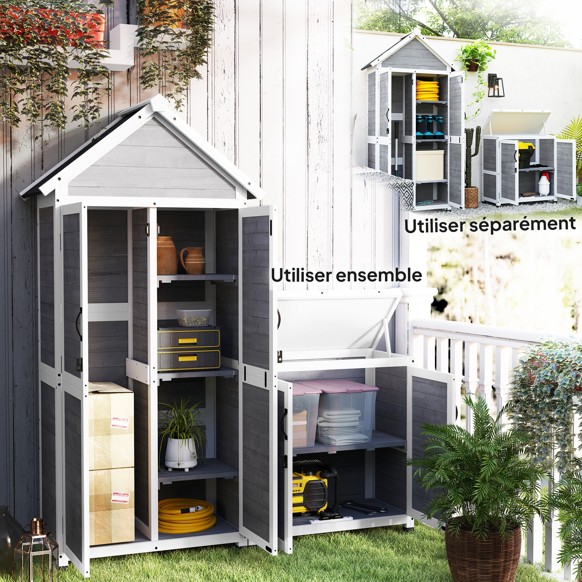 Ensemble armoire de jardin avec coffre extérieur assorti - 2 + 2 portes - 3 + 1 étagères - toit bitumé noir bois gris blanc