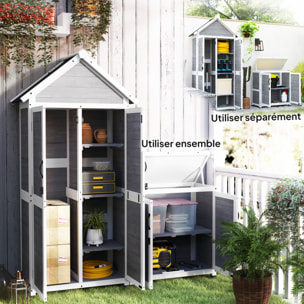 Ensemble armoire de jardin avec coffre extérieur assorti - 2 + 2 portes - 3 + 1 étagères - toit bitumé noir bois gris blanc