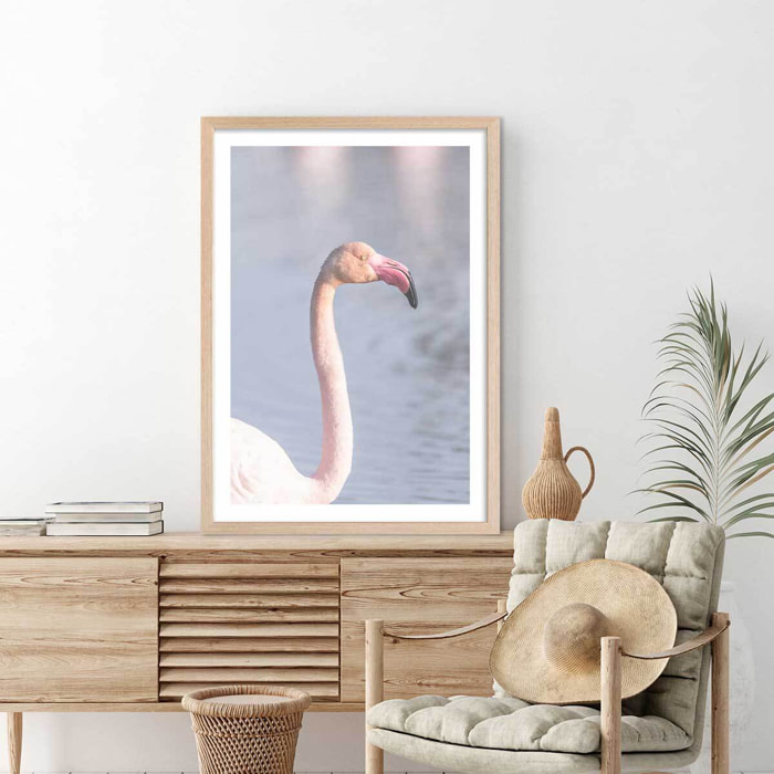 Affiche pastel pink flamingo Affiche + cadre en bois - Chêne