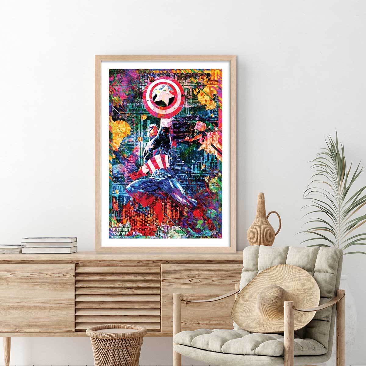 Affiche graffiti captain america Affiche + cadre en bois - Chêne