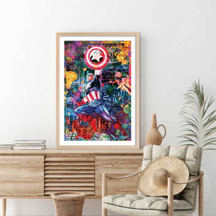 Affiche graffiti captain america Affiche + cadre en bois - Chêne