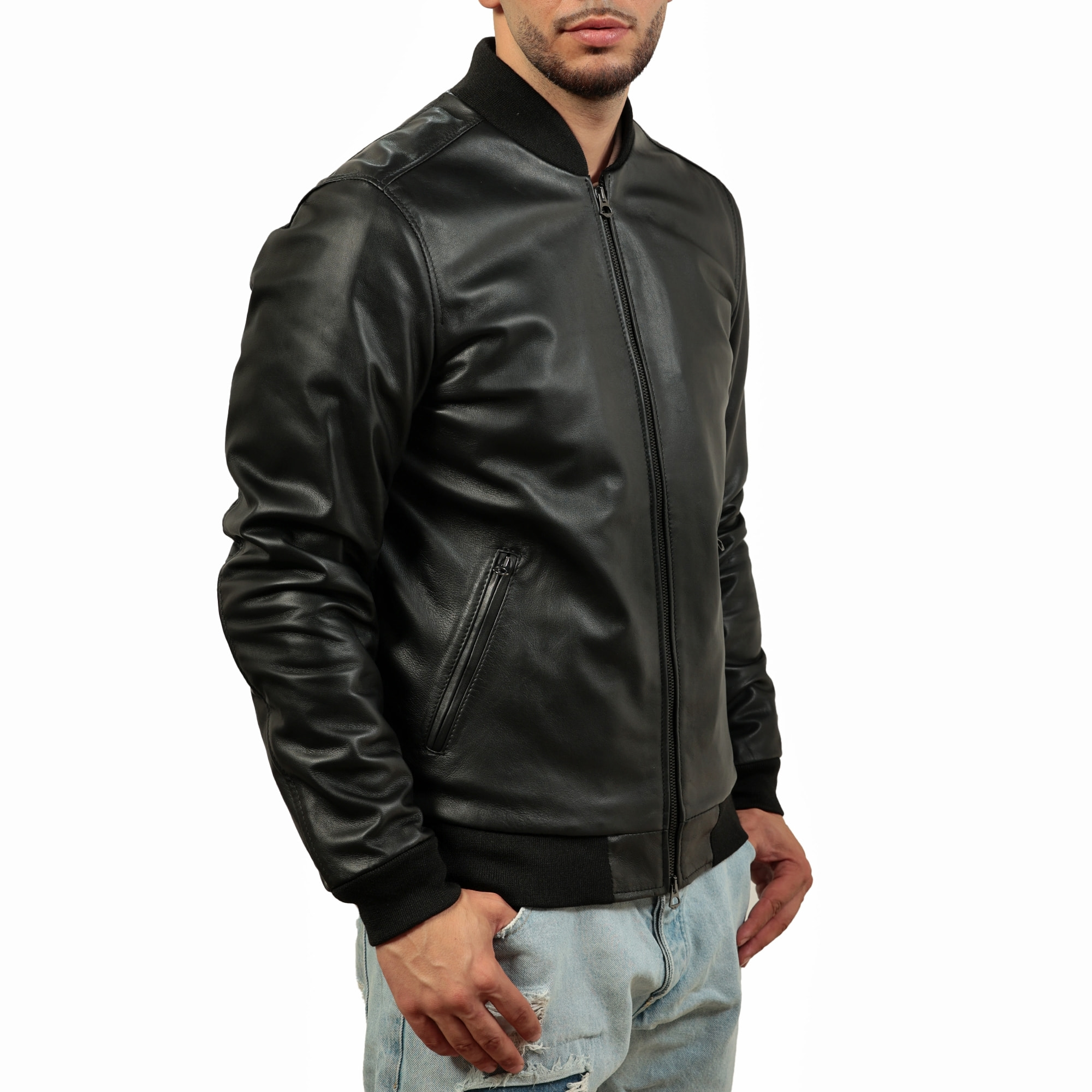 Giubbino in vera pelle di vitello foderato con trapunta invernale Nero-Slim Fit
