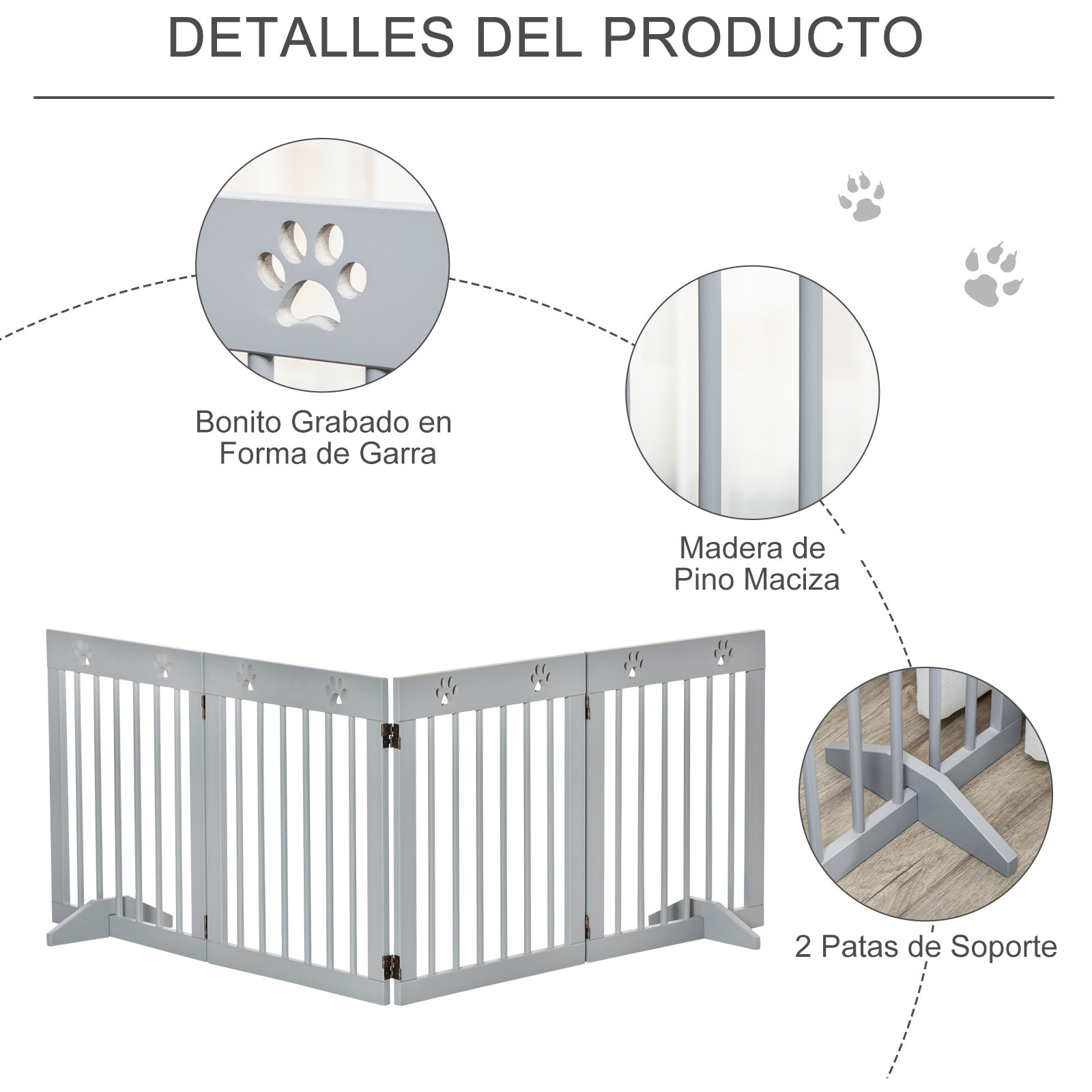 Barrera para Perros Plegable de 4 Paneles Barrera de Seguridad para Perros con Estructura de Madera y Patas de Apoyo para Pasillo Escalera 204x30x61 cm Gris Claro