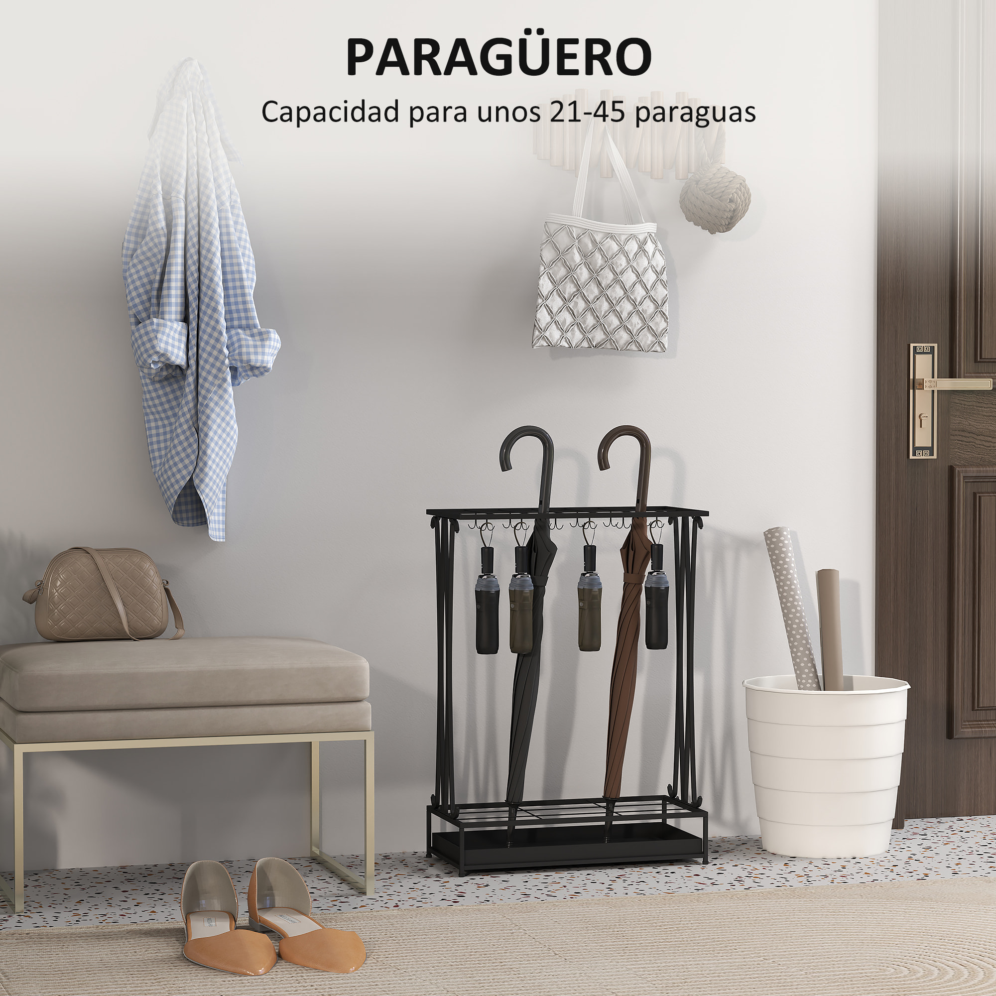 Paragüero Moderno Rectangular Soporte de Paraguas de Acero con 24 Ganchos 21 Espacios y Bandeja Recogegotas Extraíble Paragüero para Entrada Oficina 50x24x68 cm Negro
