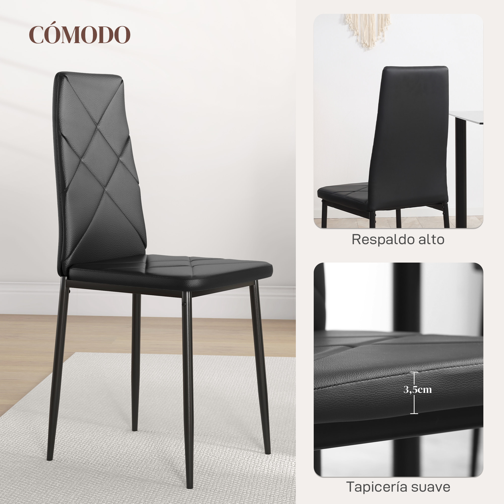 Pack de 6 Sillas de Comedor, Sillas de Cocina Modernas, Tapizadas de Cuero Sintético, Respaldo Alto, Asiento Acolchado, Patas de Acero, Negro