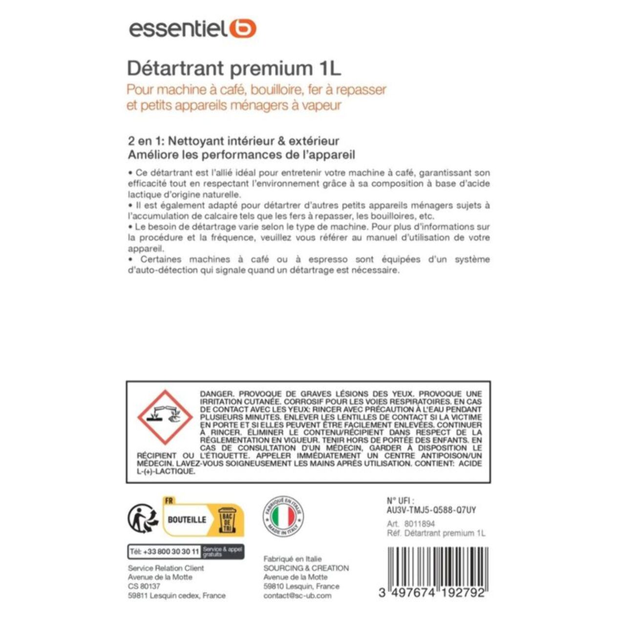 Détartrant ESSENTIELB Premium 1L multi-appareils, efficace contre le calcaire