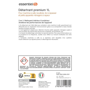 Détartrant ESSENTIELB Premium 1L multi-appareils, efficace contre le calcaire