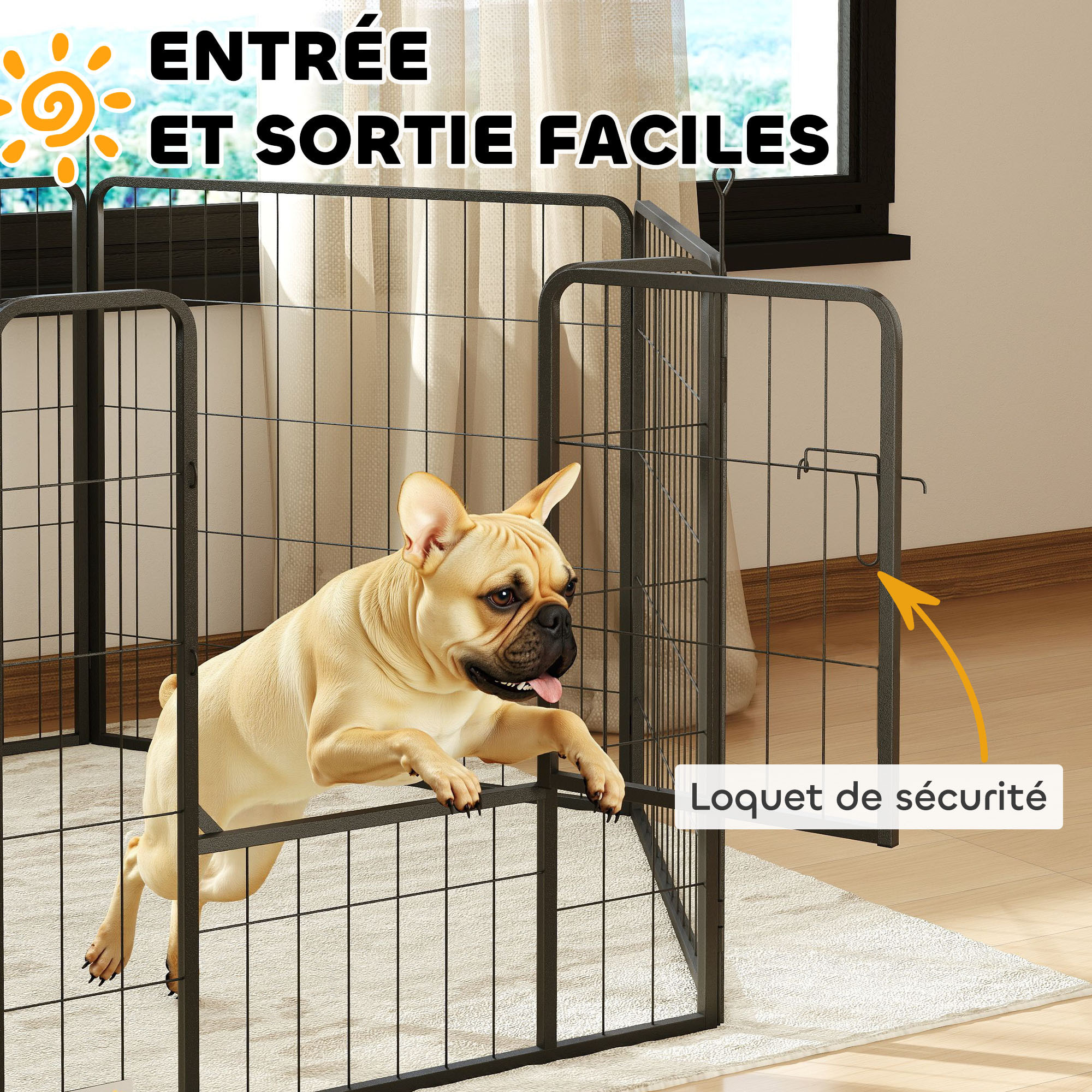 Parc enclos chien modulable pliable 6 panneaux H.80cm porte verrouillable acier époxy noir