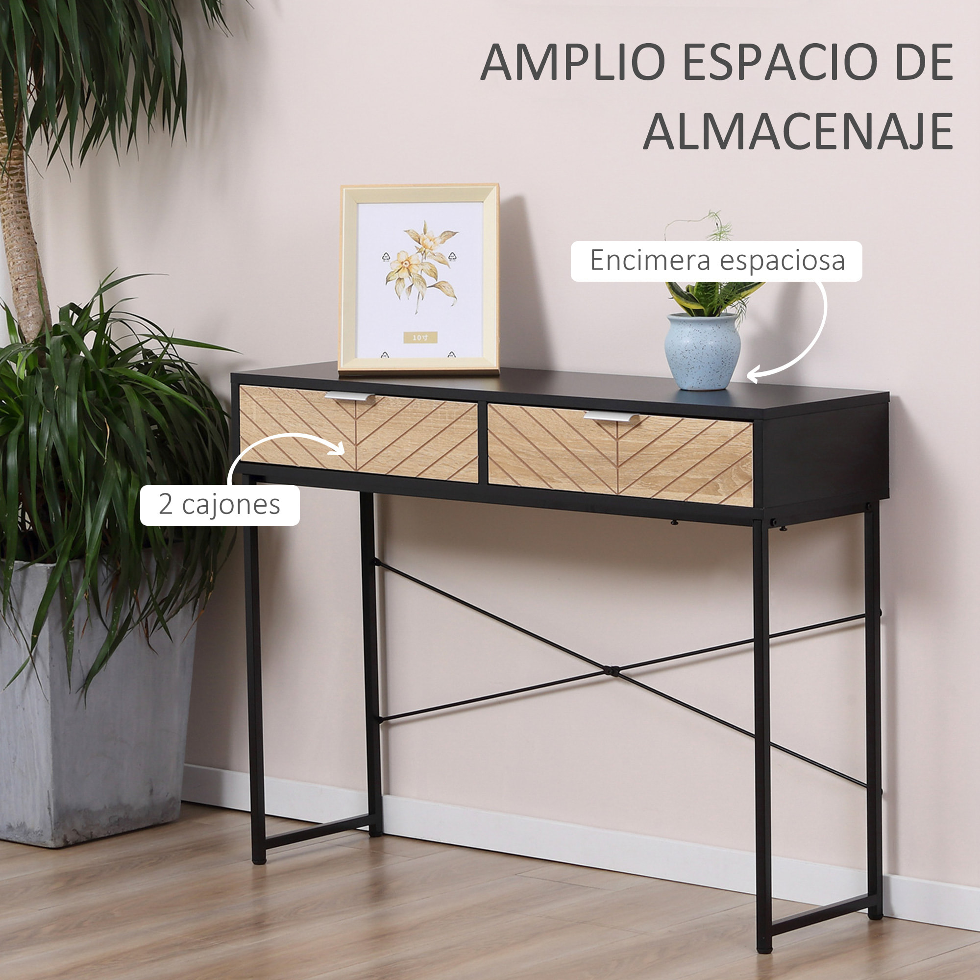 Mesa de Consola Estrecha Mueble Recibidor Mesa de Sofá con 2 Cajones Diseño de Líneas Talladas Estilo Moderna para Pasillo Entrada Salón Dormitorio 100x30x75 cm Negro y Roble