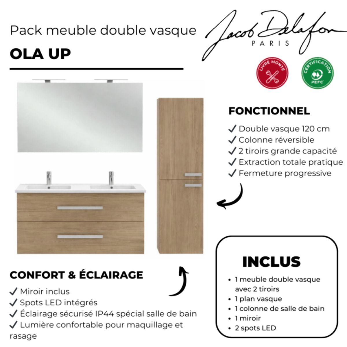 Pack meuble double vasque 120 cm Ola Up chêne + colonne + miroir + spot