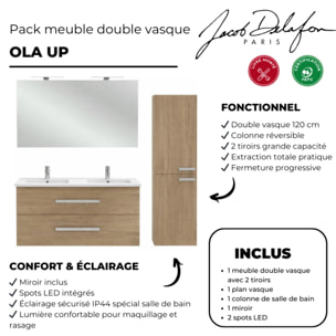 Pack meuble double vasque 120 cm Ola Up chêne + colonne + miroir + spot