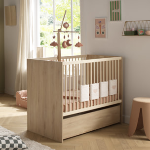 Chambre bébé trio: Lit bébé 60x120 évolutif, commode à langer 2 portes et armoire 2 portes décor bois hêtre
