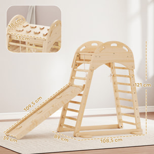6 en 1 Triángulo de Escalada Montessori, Estructura de Escalada de Madera con Plataforma, Anillos y Tobogán, para Deslizarse o Escalar, para Niños de 18-48 Meses, Interiores, Natural