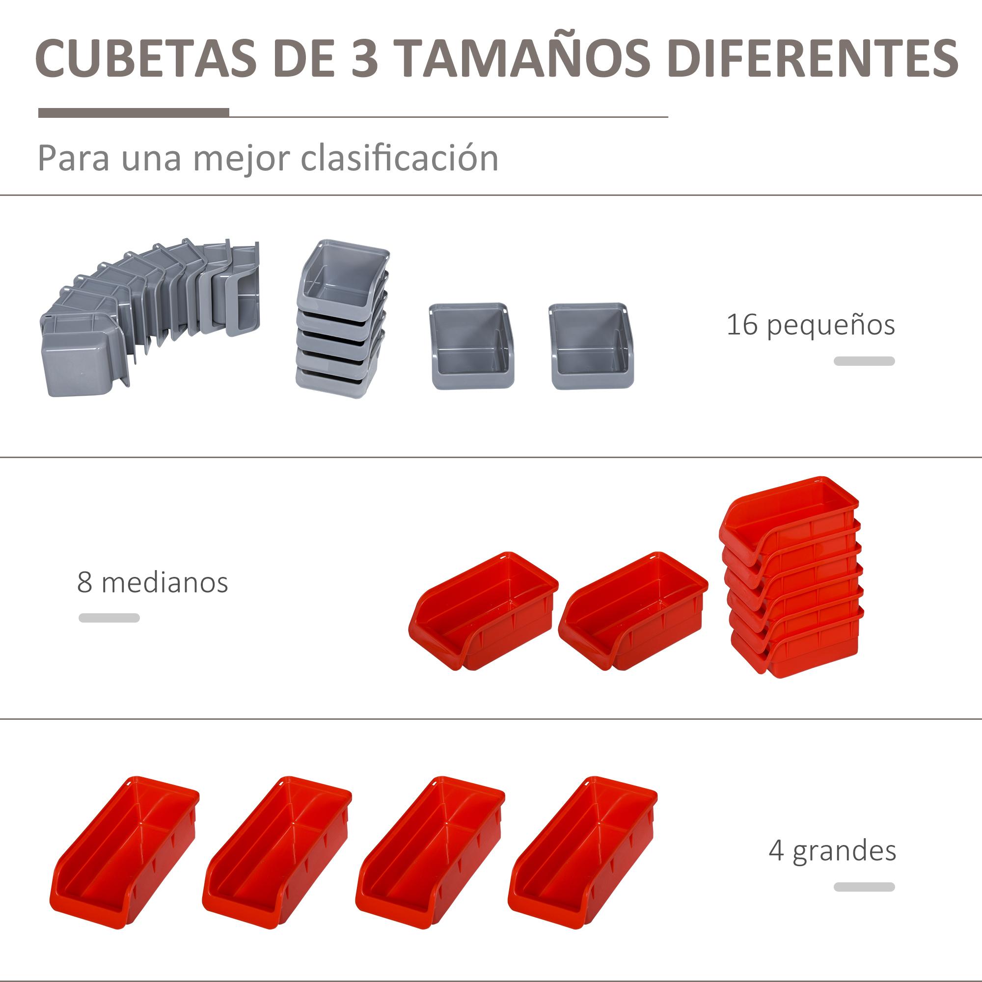 DURHAND Estante de Pared Organizador para Herramientas Estanterías de Almacenaje con 28 Cajas Apilables y Diferentes Ganchos 54x22x95 cm Gris y Rojo