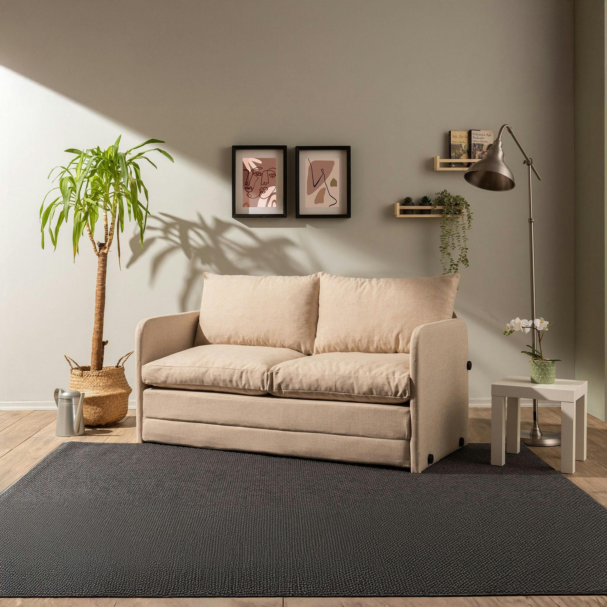 Canapé-lit en lin beige, 2 personnes 140 cm ORURO