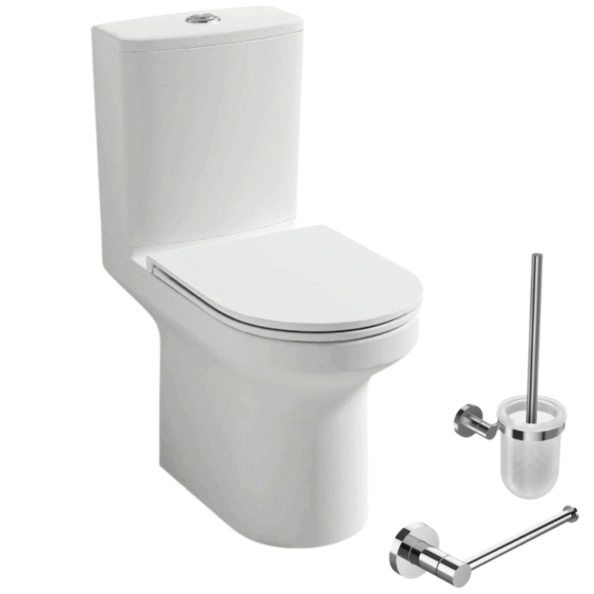 WC à poser sans bride sortie horizontale Elite avec abattant frein de chute + Porte-balai et porte-rouleau rond chromé