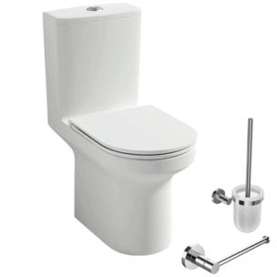 WC à poser sans bride sortie horizontale Elite avec abattant frein de chute + Porte-balai et porte-rouleau rond chromé