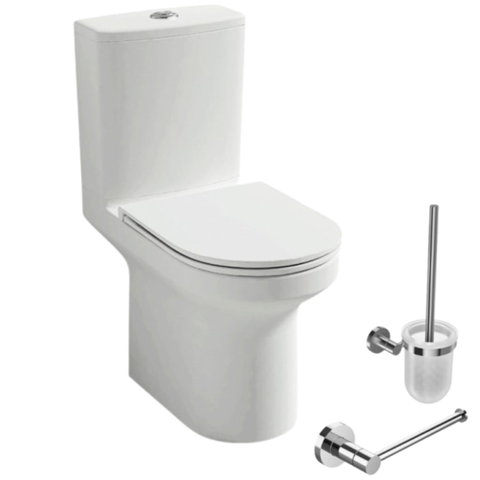 WC à poser sans bride sortie horizontale Elite avec abattant frein de chute + Porte-balai et porte-rouleau rond chromé