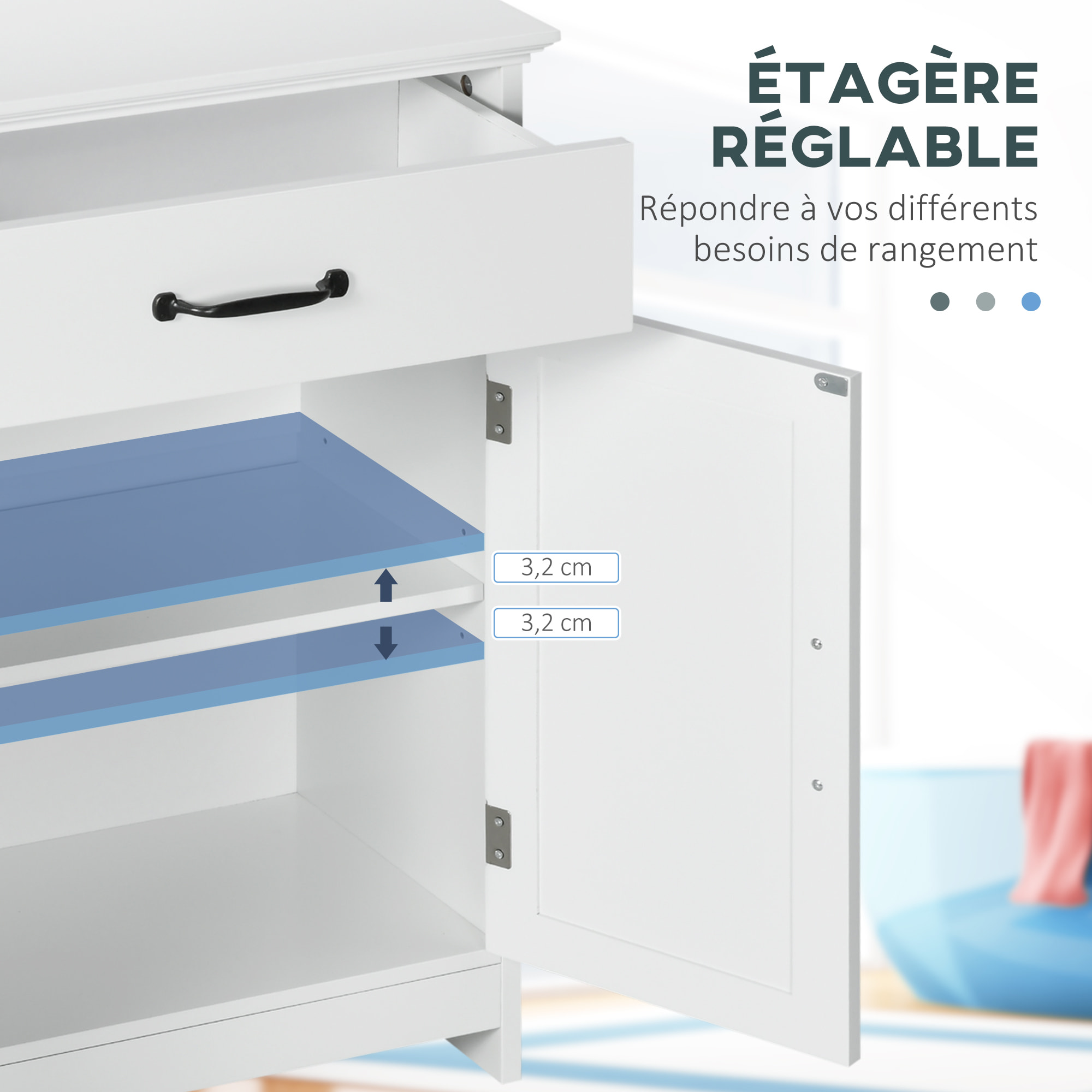 Meuble salle de bain - meuble bas 2 portes étagère tiroir - 60x30x75cm - blanc noir