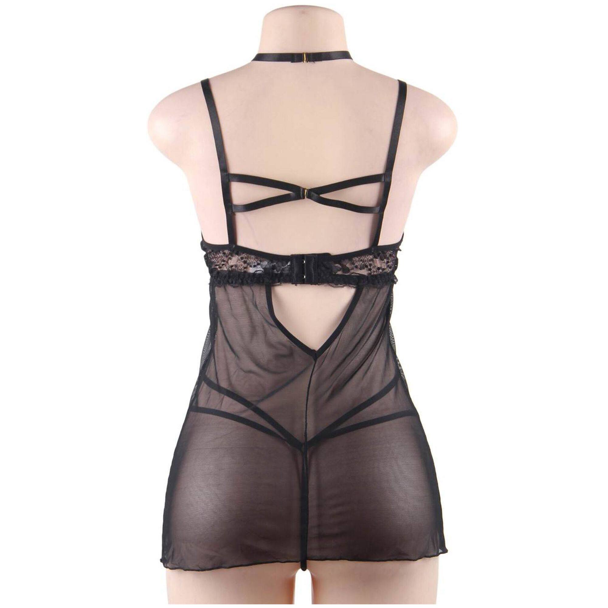 Babydoll y braga negro con transparencias