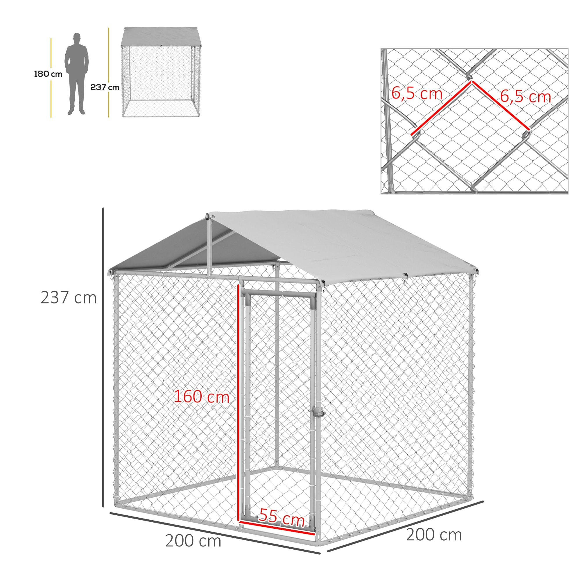 Perrera Jaula de Exterior para Perros Medianos Parque para Perros con Cerradura Marco de Acero Toldo Impermeable y Anti-UV 200x200x237 cm Plata