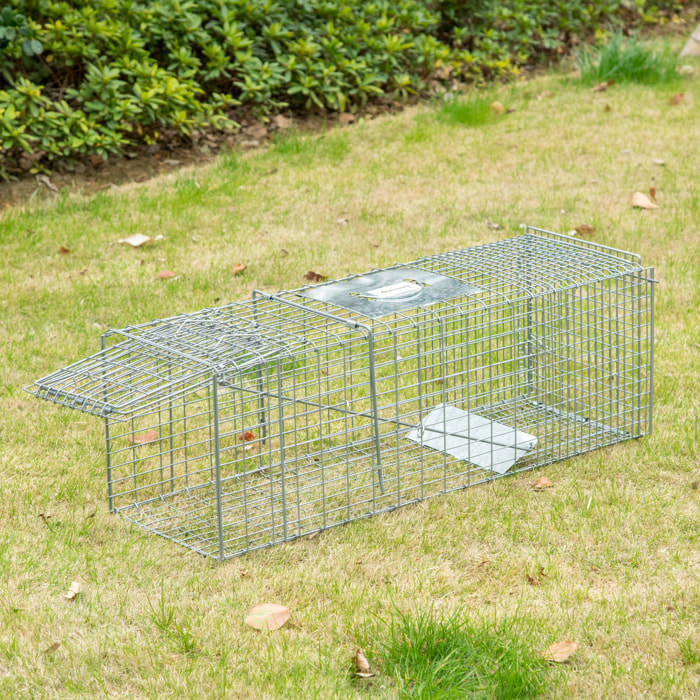 Trampa para Animales Vivos Plegable 93x31x34,5 cm Jaula de Captura de Alambre con Puerta y Asa para Conejos Ratas Roedores Plata