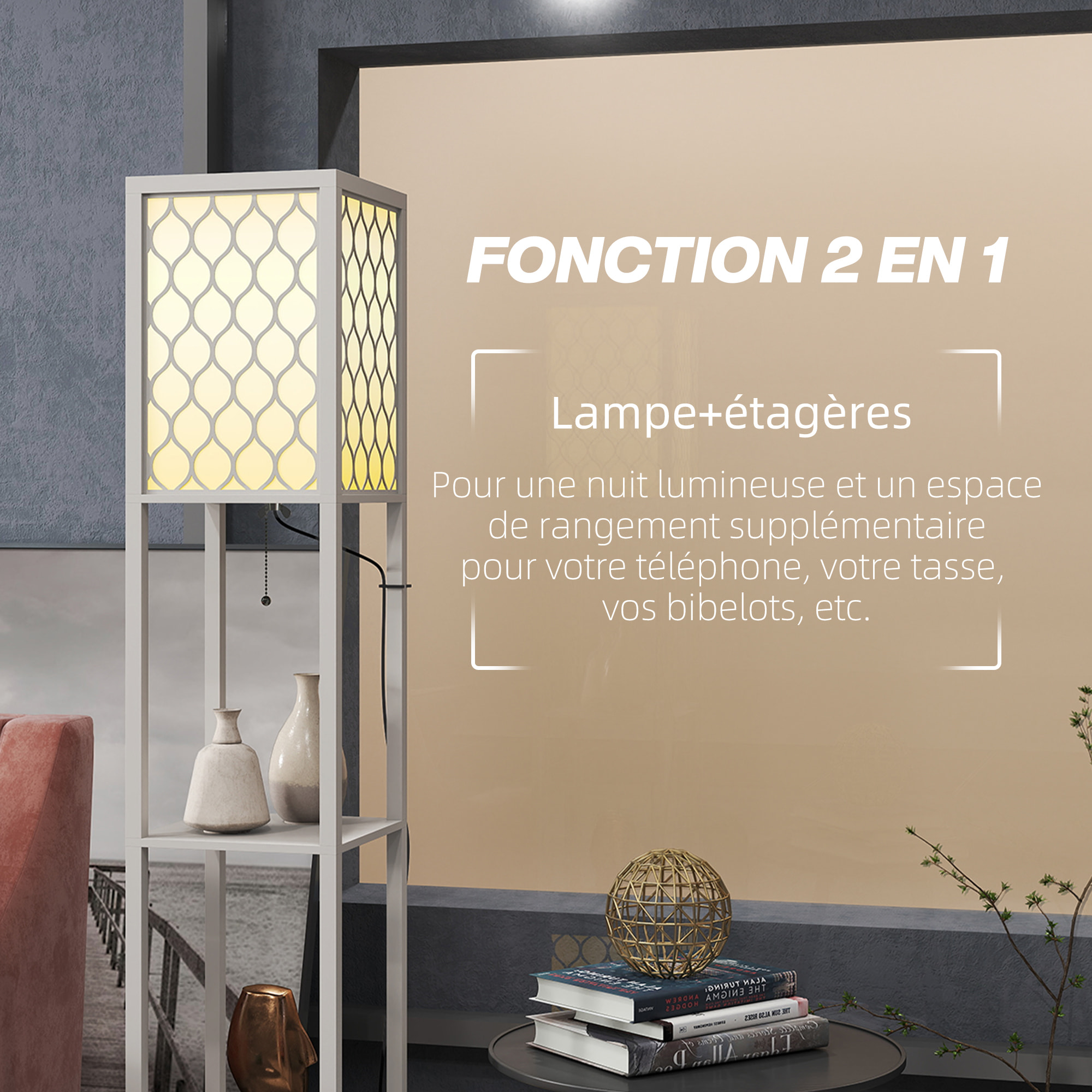 Lampadaire étagère lampe étagère dim. 26L x 26l x 156H cm 2 étagères MDF motif nid d'abeille gris clair