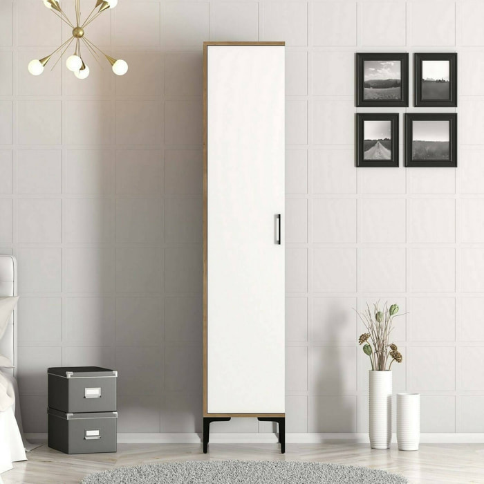 Armadio multiuso 1 anta Giusta, Mobile multifunzionale, Mobiletto scarpiera, Guardaroba porta scarpe, 40x201h48 cm, Bianco e Noce