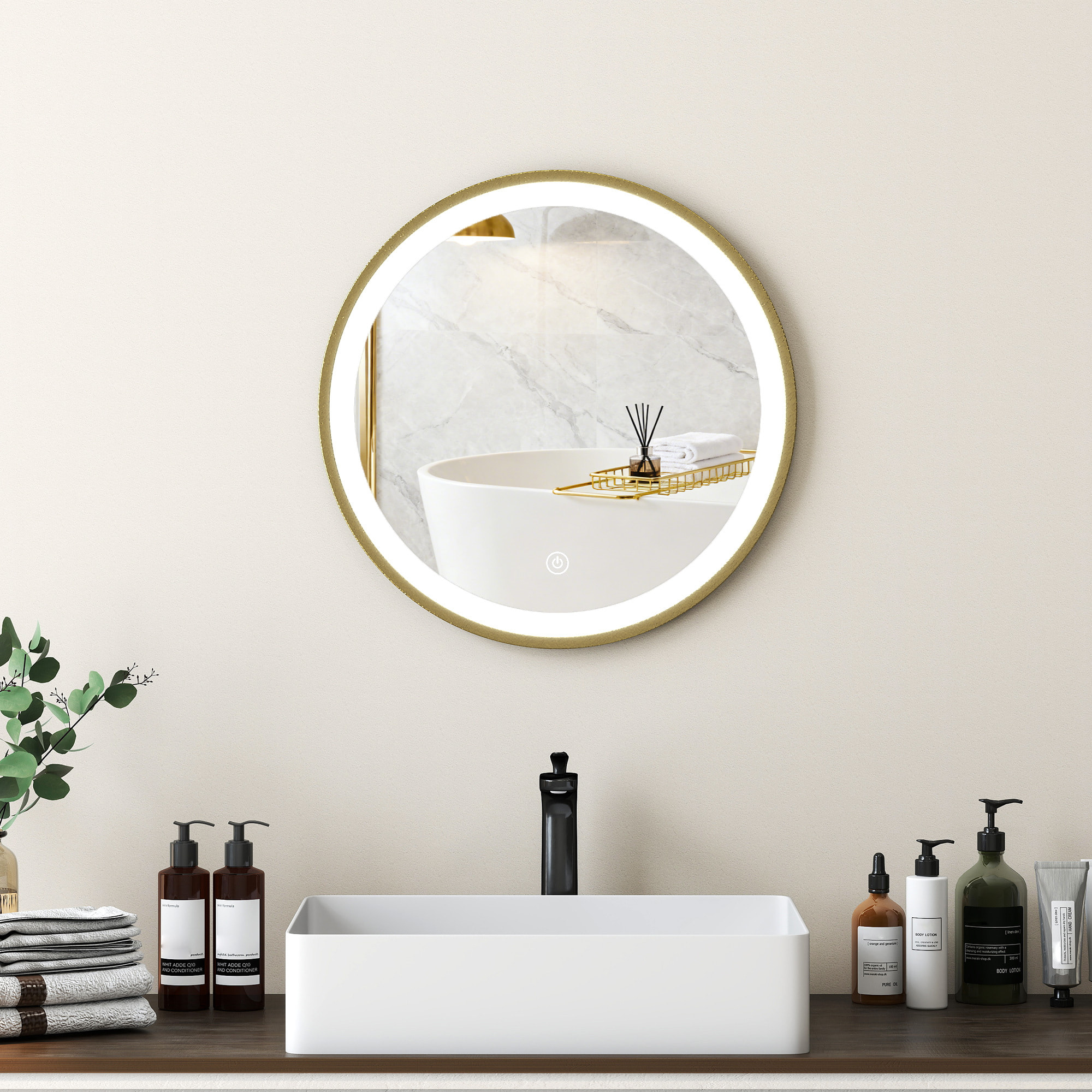 Miroir salle de bain avec éclairage LED rond verre doré