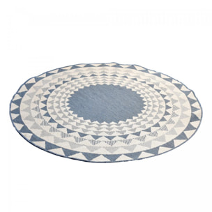 Tapis d'extérieur rond et  Reversible, tapis de grand diamètre blanc et bleu