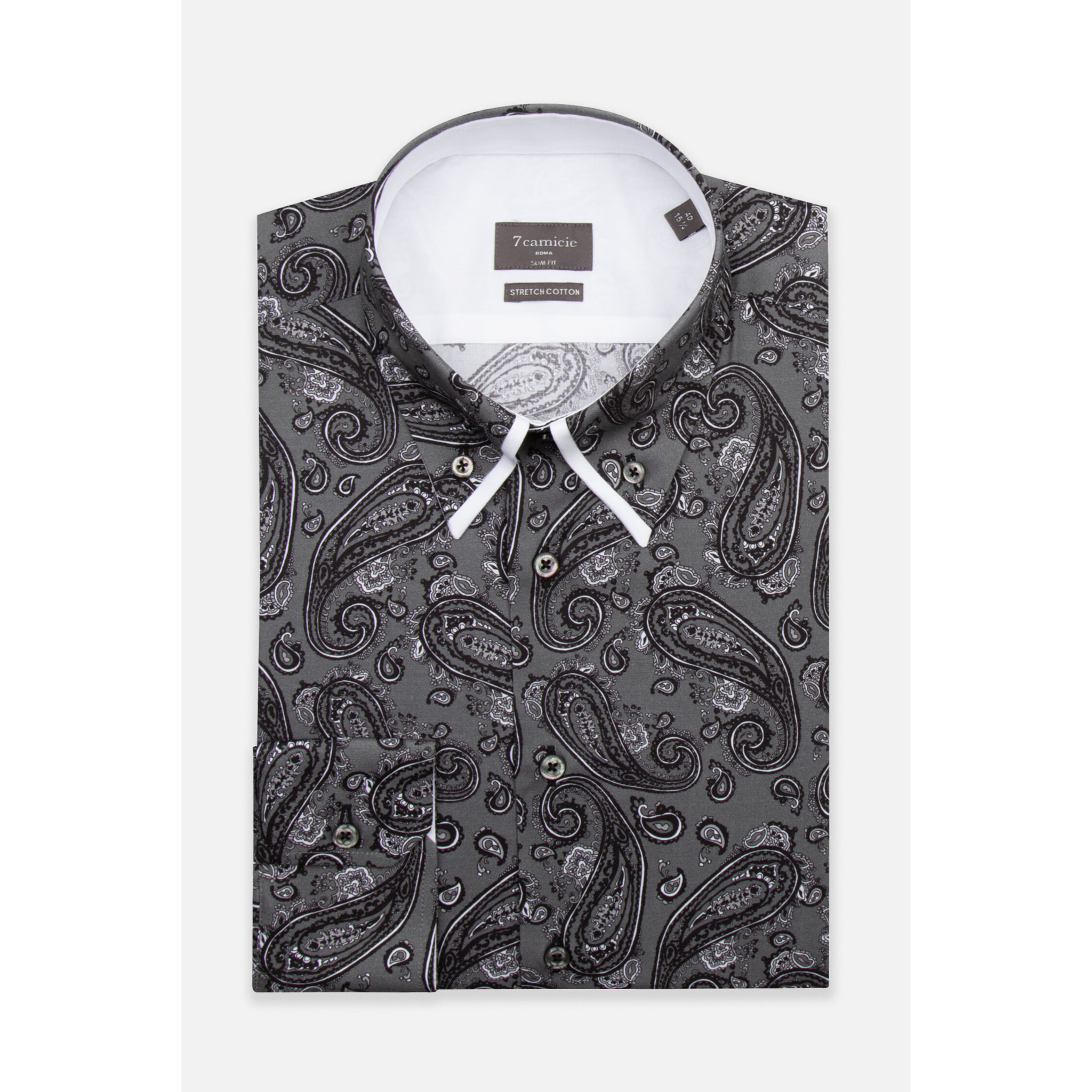 Camicia Uomo 2 Bottoni Button Down Doppio Coll Popeline Stretch Stampato Grigio Scuro/Nero