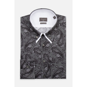 Camicia Uomo 2 Bottoni Button Down Doppio Coll Popeline Stretch Stampato Grigio Scuro/Nero