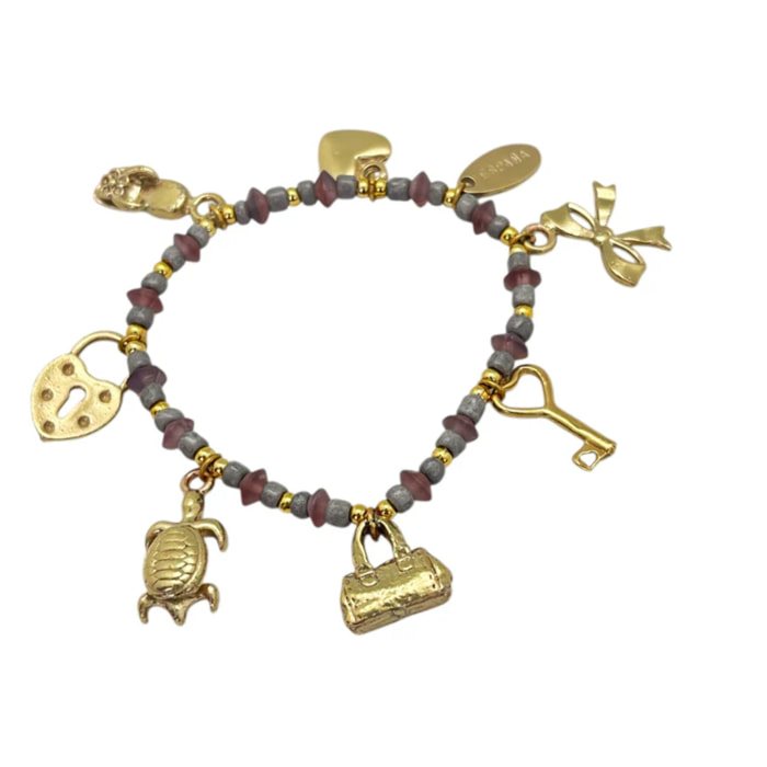 Pulsera elástica charms dorado con resinas colores tono rosa