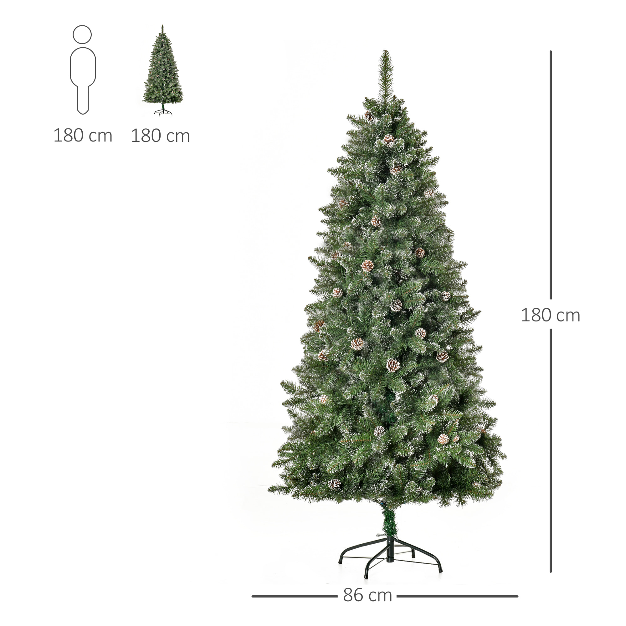 Sapin de Noël artificiel aspect enneigé Ø 86 x 180H cm 50 pommes de pin 718 branches épines imitation Nordmann grand réalisme