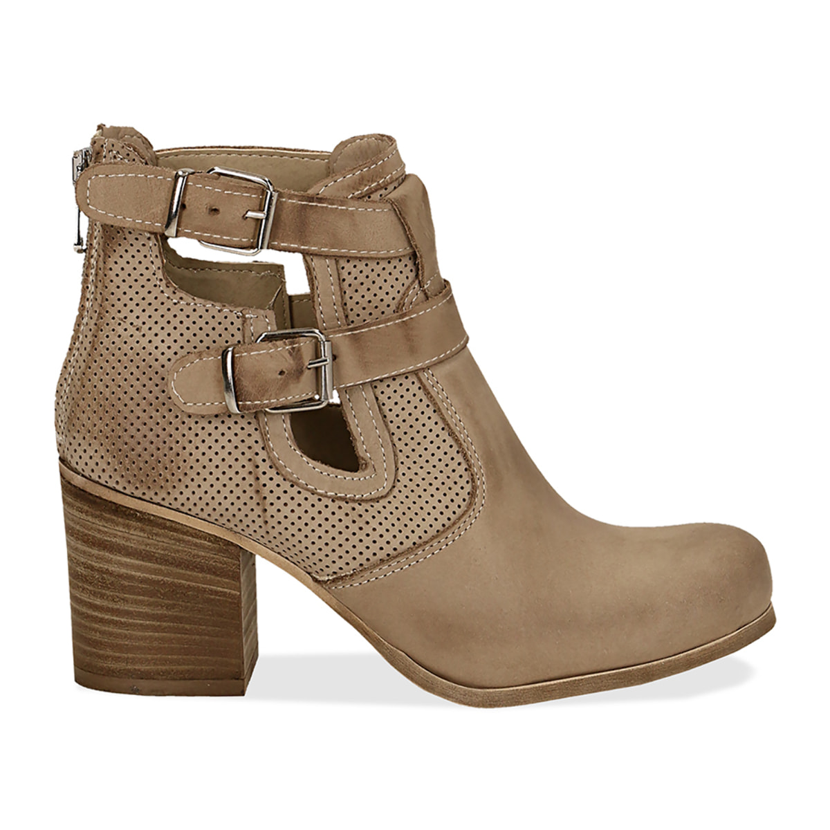 Ankle boots beige in nabuk con cinturini, tacco 7 cm