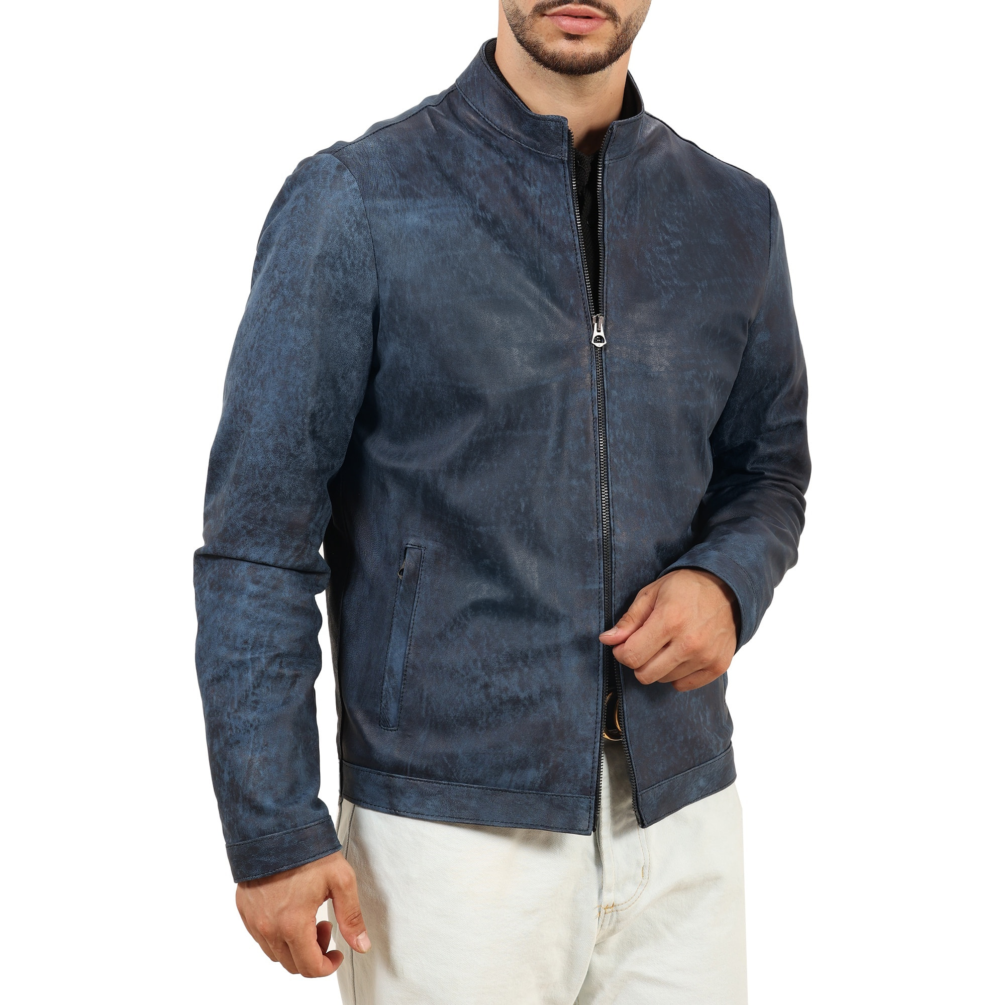 Giubbino in pelle di vitello rifinizione dakota blu jeans-Slim Fit