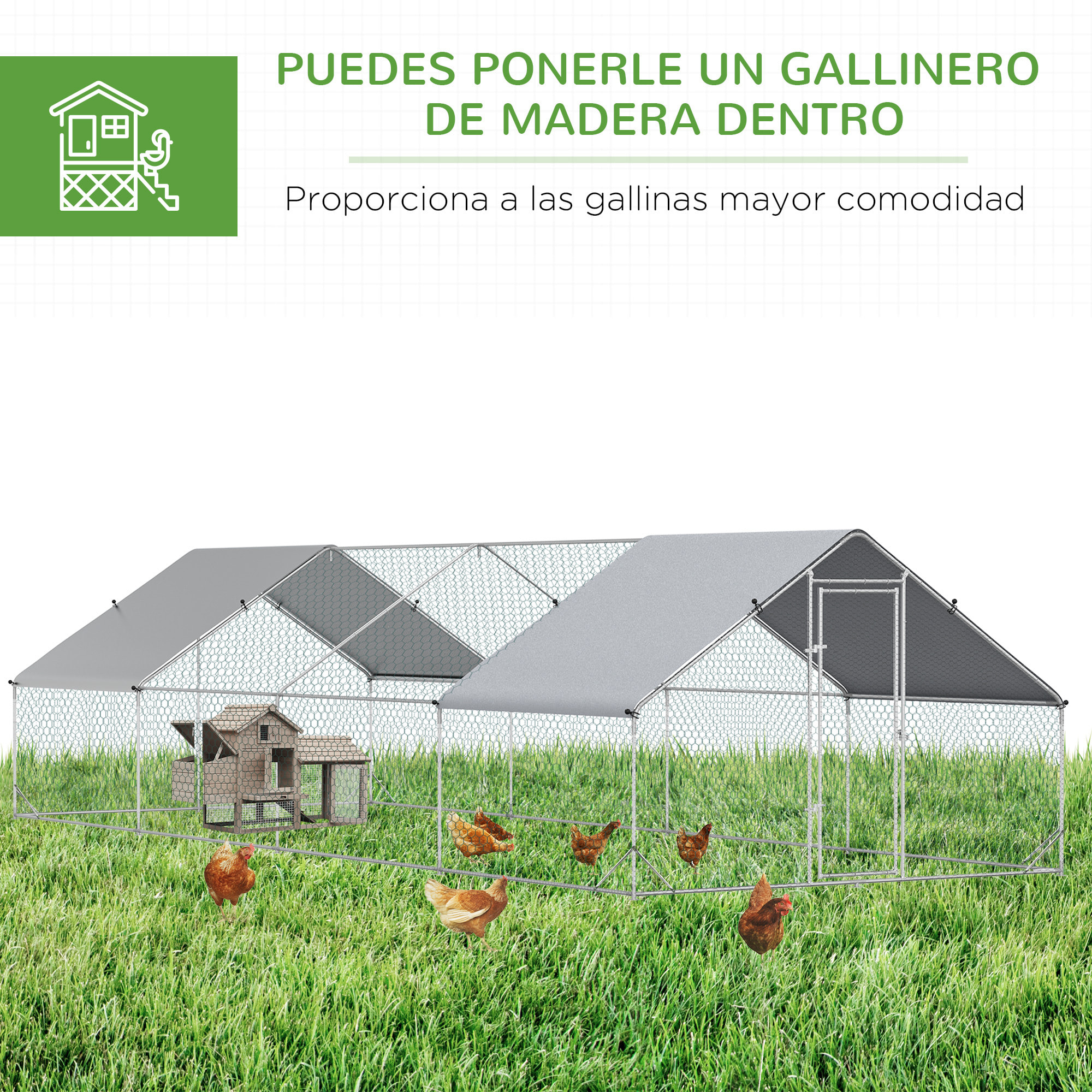 Gallinero de Exterior Grande 3x8x2 m Jaula para 16-24 Gallinas Cercado de Acero Galvanizado con Techo de PE y Cerradura para Conejos Aves de Corral Plata