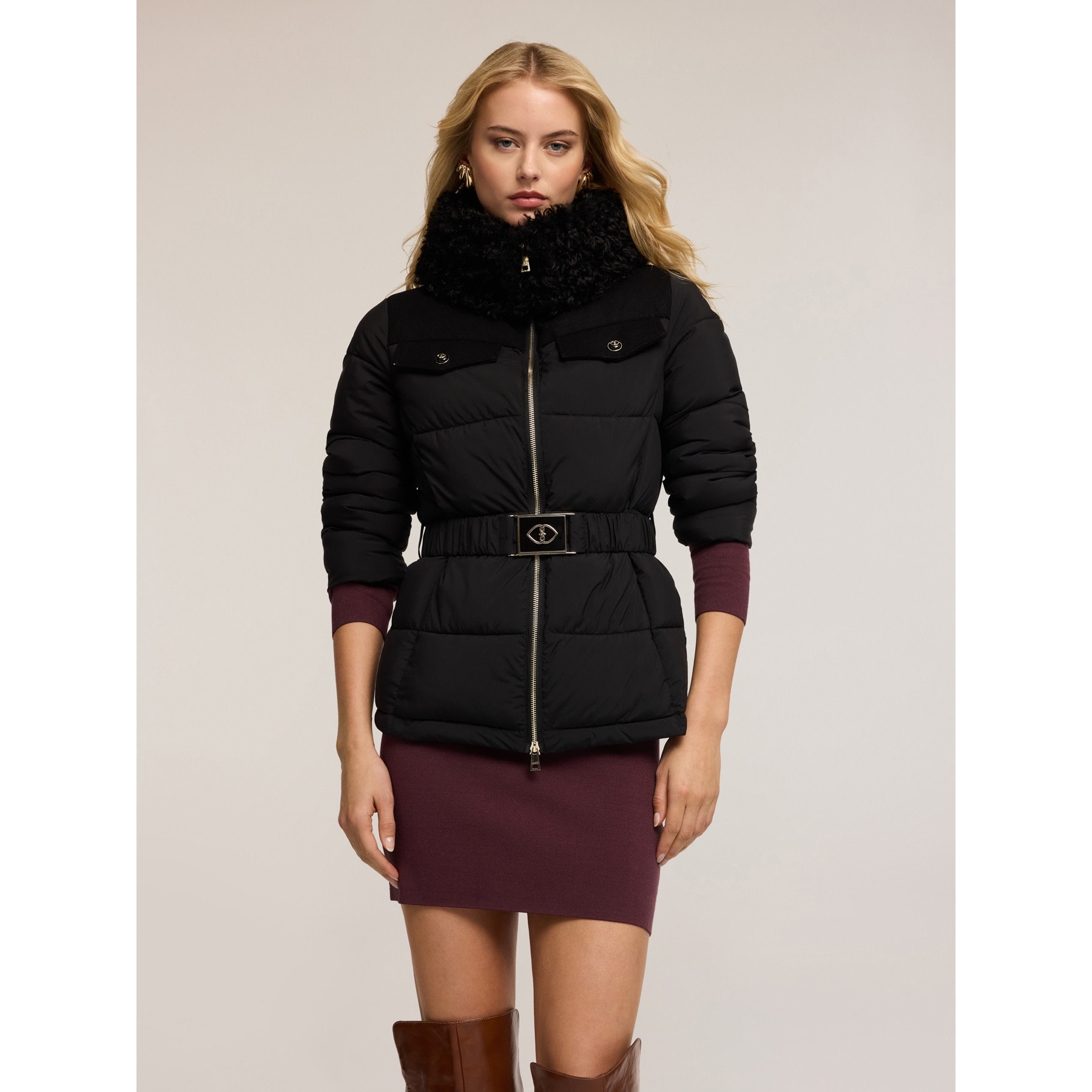 Motivi - Piumino corto con cintura - Nero