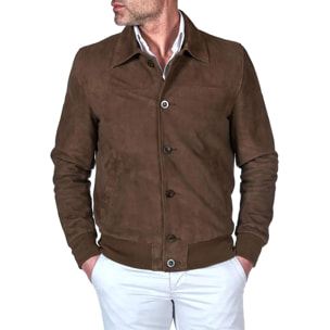 Giacca bomber in pelle camoscio color fango collo camicia