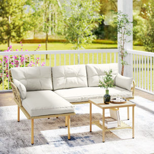 Conjunto de Jardín de Ratán, Juego de 3 Piezas Muebles Jardín Exterior con 1 Sofá de 2 Plazas, 1 Sofá Esquinera, 1 Mesa de Centro Metálica de 2 Niveles y Cojines, Anti-UV, para Patio, Crema