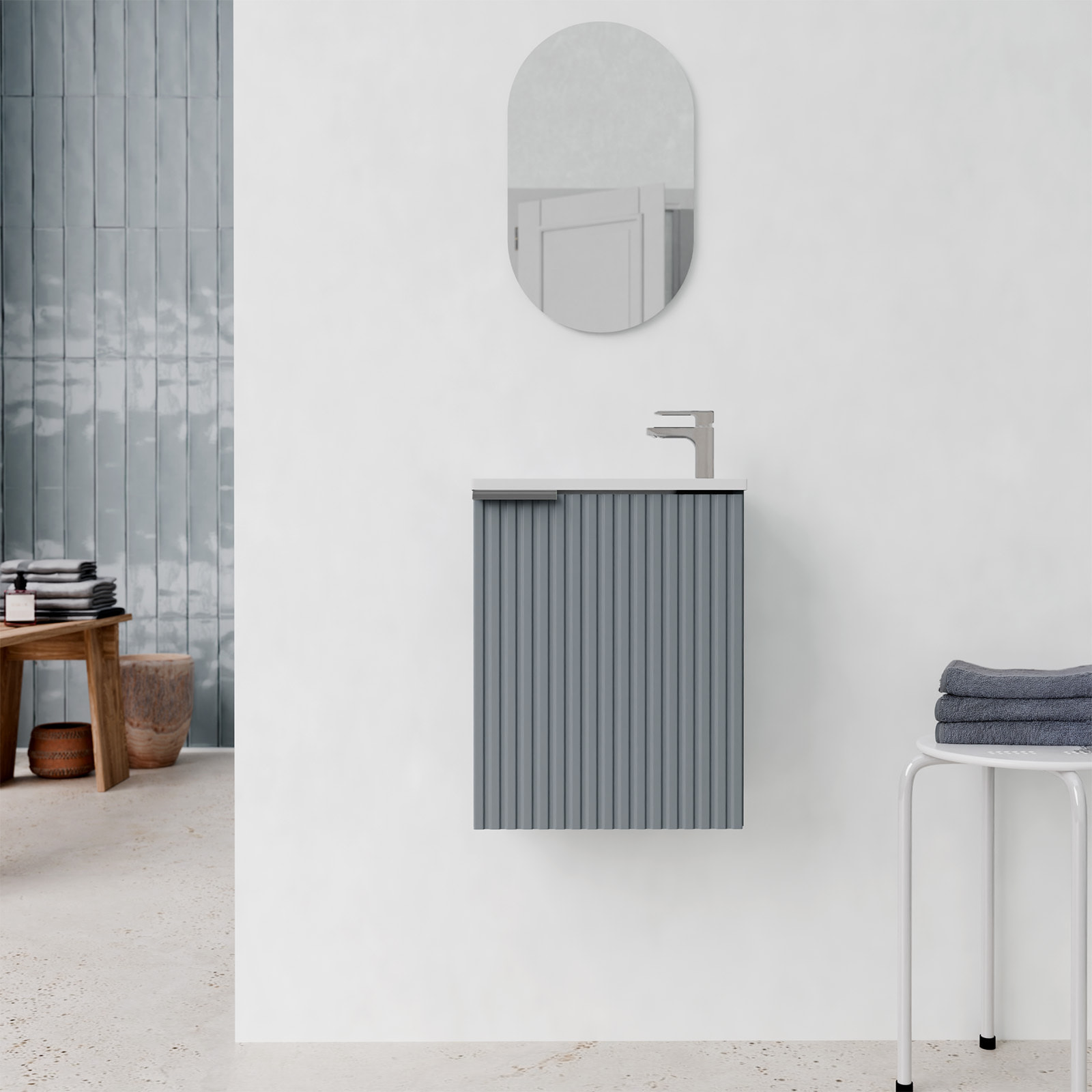Ensemble meuble lave mains MDF ondulé gris 40x50x22cm et miroir ovale - MILO