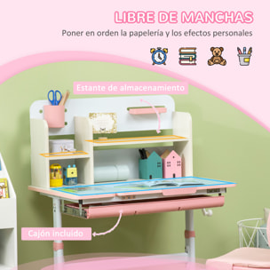 Juego de Escritorio y Silla para Niños de +3 Años Pupitre Infantil Altura Ajustable con 1 Cajón 1 Estante para Libros y Tablero de Mesa Inclinable 80x52x88-109 cm Rosa y Blanco