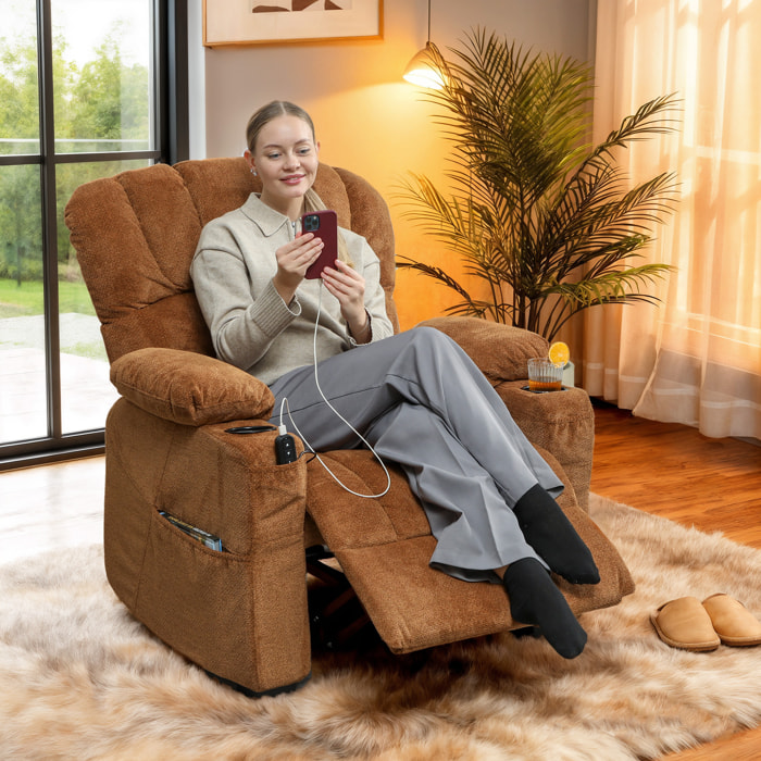 Sillón Relax Reclinable Eléctrico, Sillón Reclinable Silencioso de Terciopelo con Función Memoria, Reposapiés, Mando a Distancia, Bolsillos, Puerto USB, Portavasos, Respaldo Concha