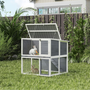Clapier lapin extérieur 2 étages toit double ouverture bois gris