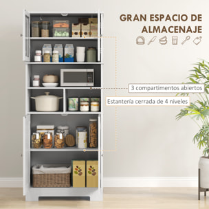Alacena de Cocina Mueble Auxiliar de Cocina Aparador Alto con 2 Puertas de Vidrio Estantes Ajustables y Compartimentos Abiertos 60x30x145,5 cm Blanco