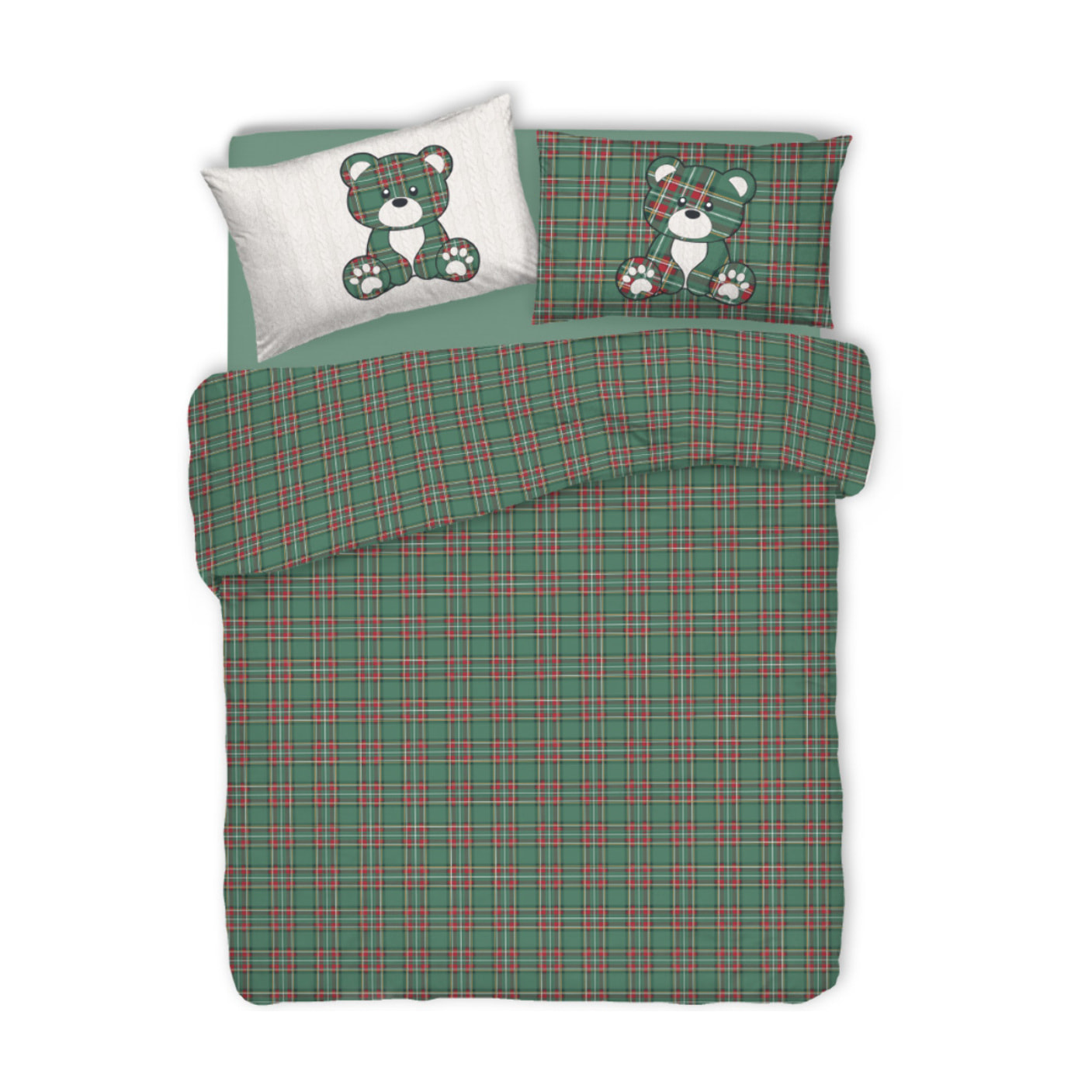 Copripiumino Sacco Per Piumino in 100% Cotone Orsetto Tartan Verde