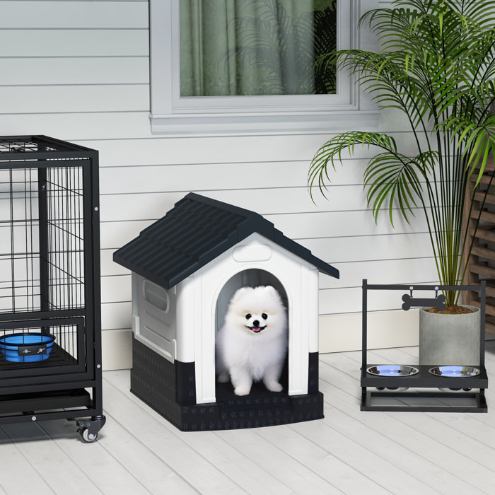Caseta para Perros Mini para Exterior, Casa para Perros de Plástico con 3 Ventanas, Base Elevada, Techo de Tejas de Imitación, 64,5x57x66 cm, Gris Oscuro