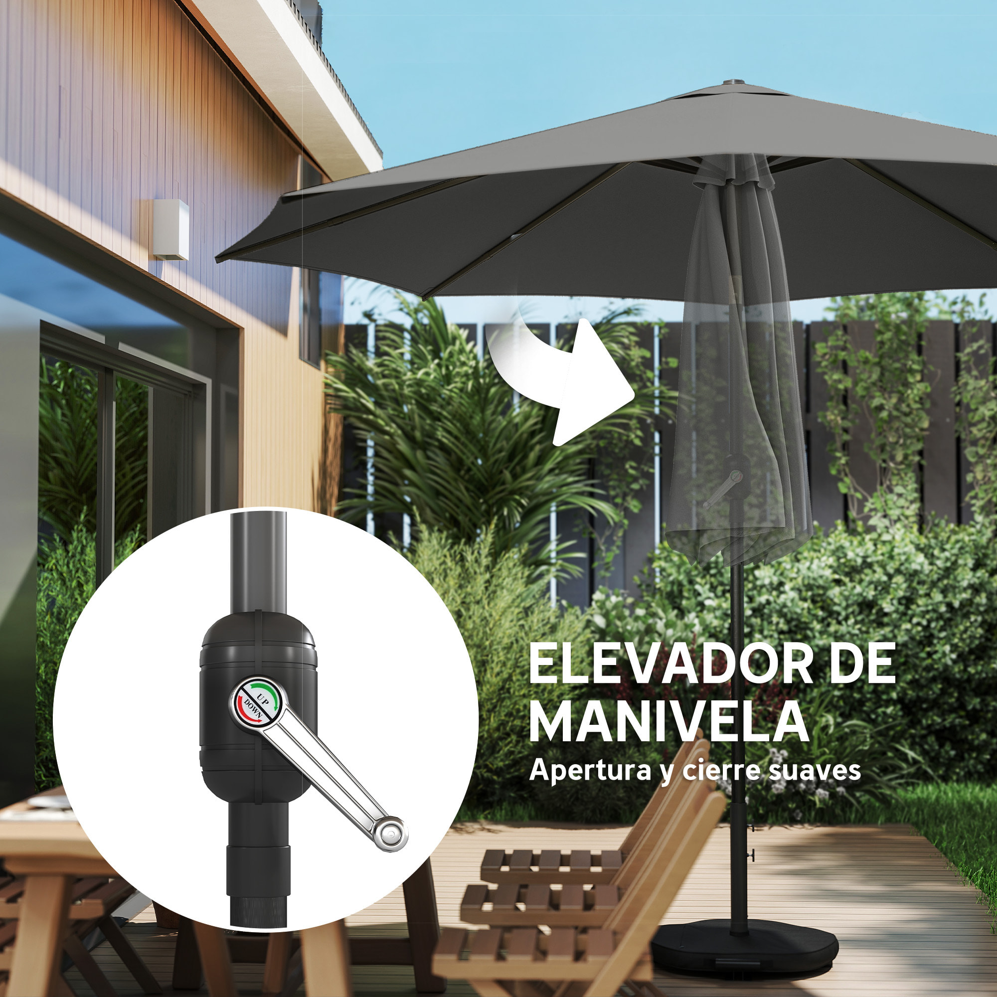 Sombrilla Terraza Exterior, 3x3 m, Sombrilla de Jardín con Base, Bolsa de Arena, Manivela, Inclinación Ajustable, Costillas Retráctiles, Parasol para Patio, Terraza, Gris Oscuro