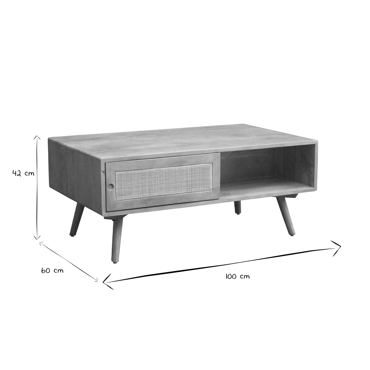 Table basse rectangulaire avec rangements en bois manguier massif et cannage rotin L100 cm ACANGE